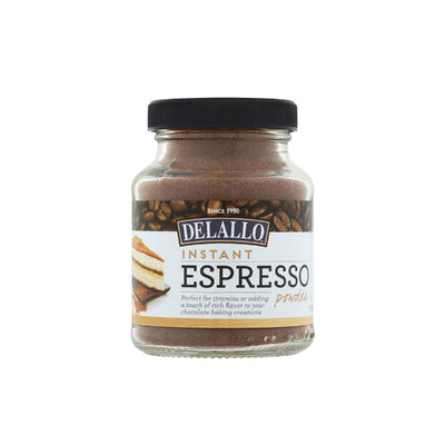 A jar of Delallo Instant Espresso coffee with a black lid and a white label, shown on a plain white background.